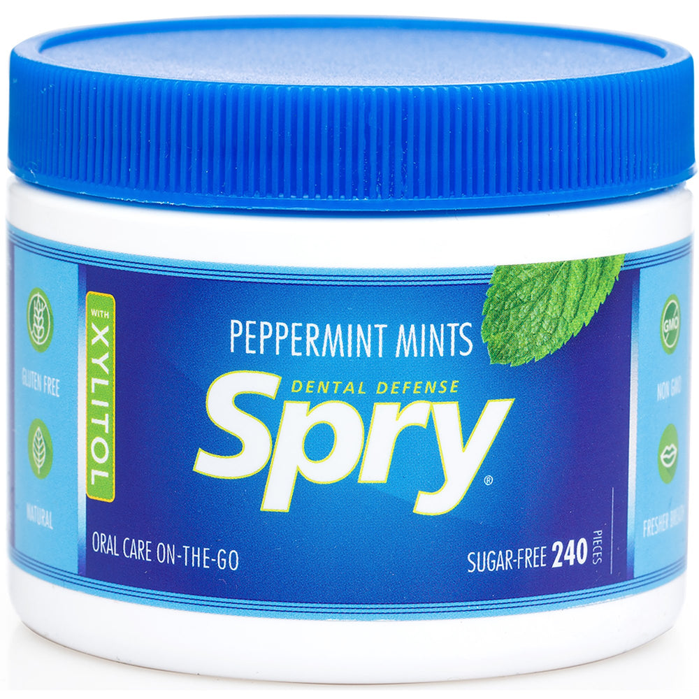 Spry xylitol peppermint mints close-up showing sugar-free mint flavor