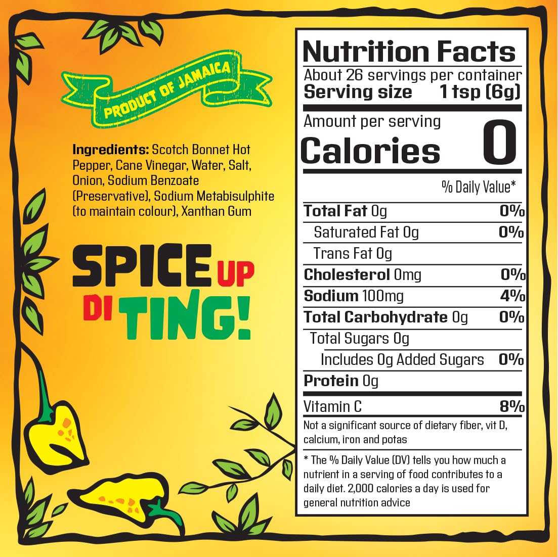 Spur Tree Jamaican Scotch Bonnet Sauce ingredients highlight fresh peppers and bold spice.