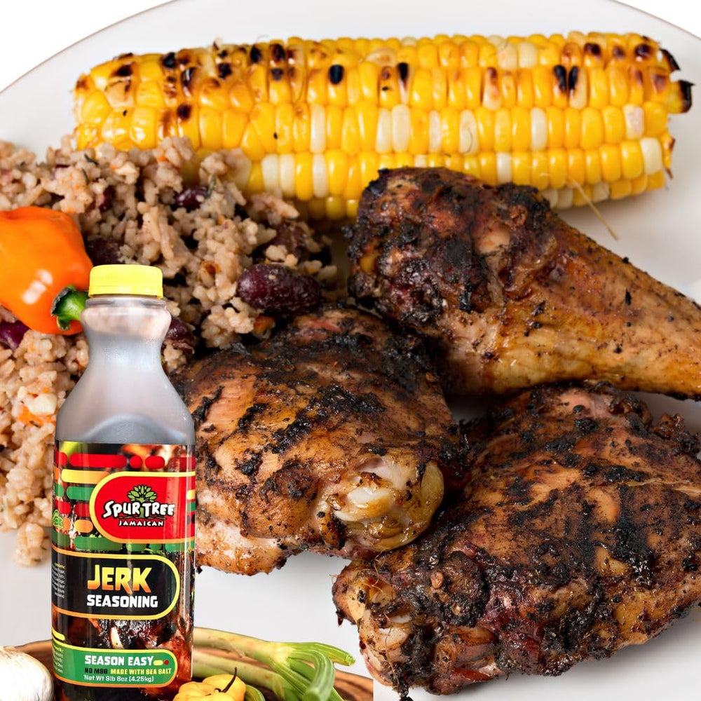 Spur Tree Jamaican Jerk Seasoning on kitchen counter, quick flavor boost for weeknights.