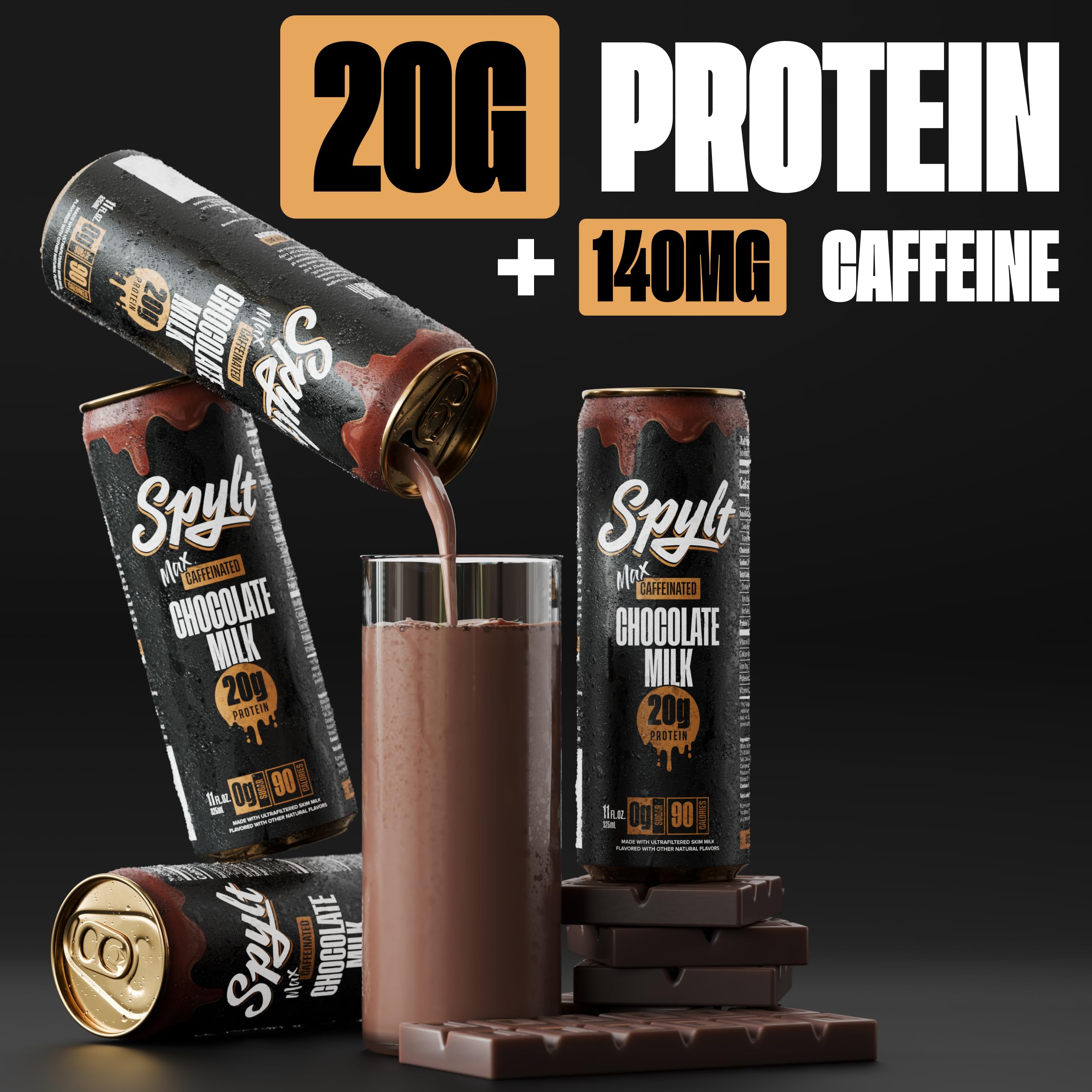 Spylt High Protein Max caffeine boost graphic indicating 140mg for a focused workout break.