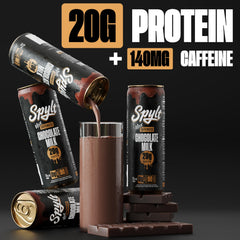 Spylt High Protein Max caffeine boost graphic indicating 140mg for a focused workout break.