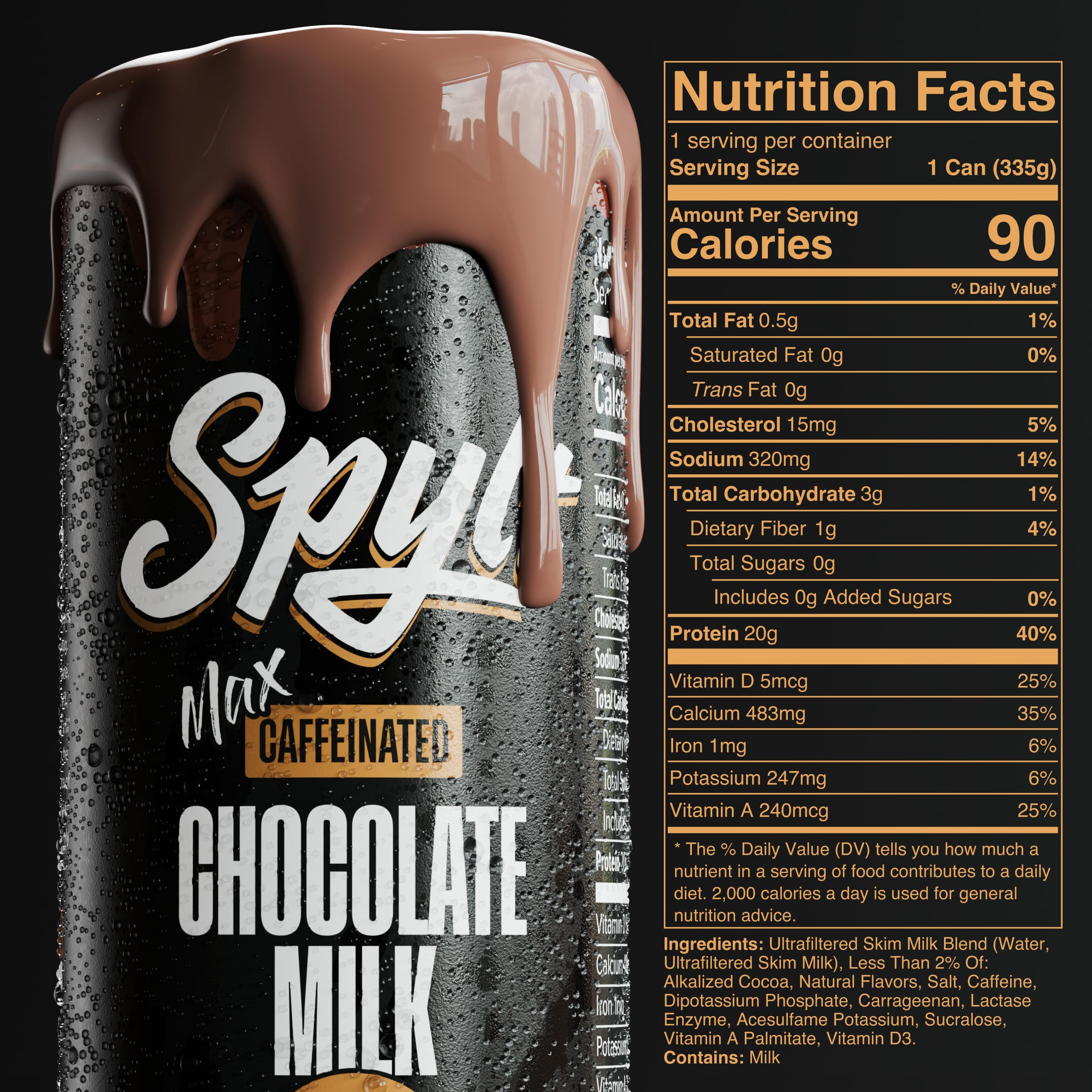 Spylt High Protein Max label closeup highlighting 20g protein and 90 calories.