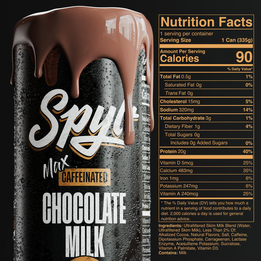Spylt High Protein Max label closeup highlighting 20g protein and 90 calories.