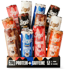 Spylt high-protein milk bottle front with caffeine boost and lactose-free formula.
