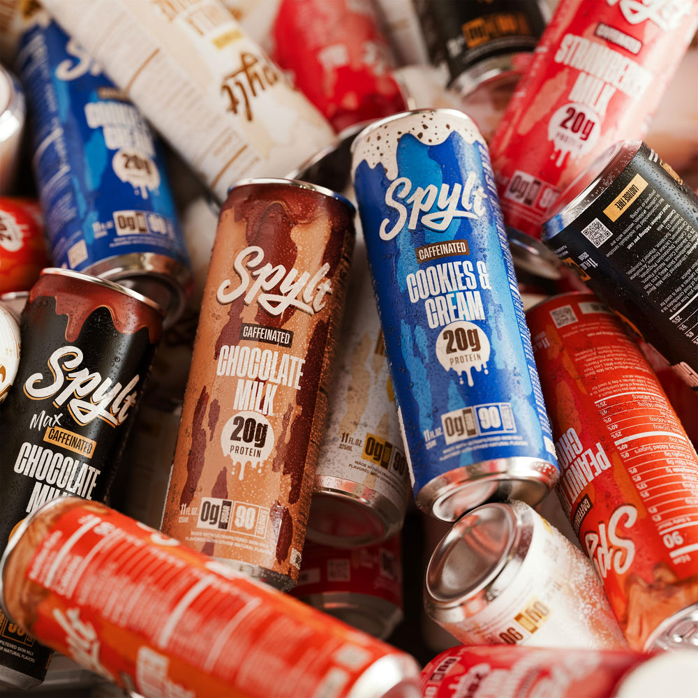 Close-up of caffeine content and 20g protein per Spylt bottle.