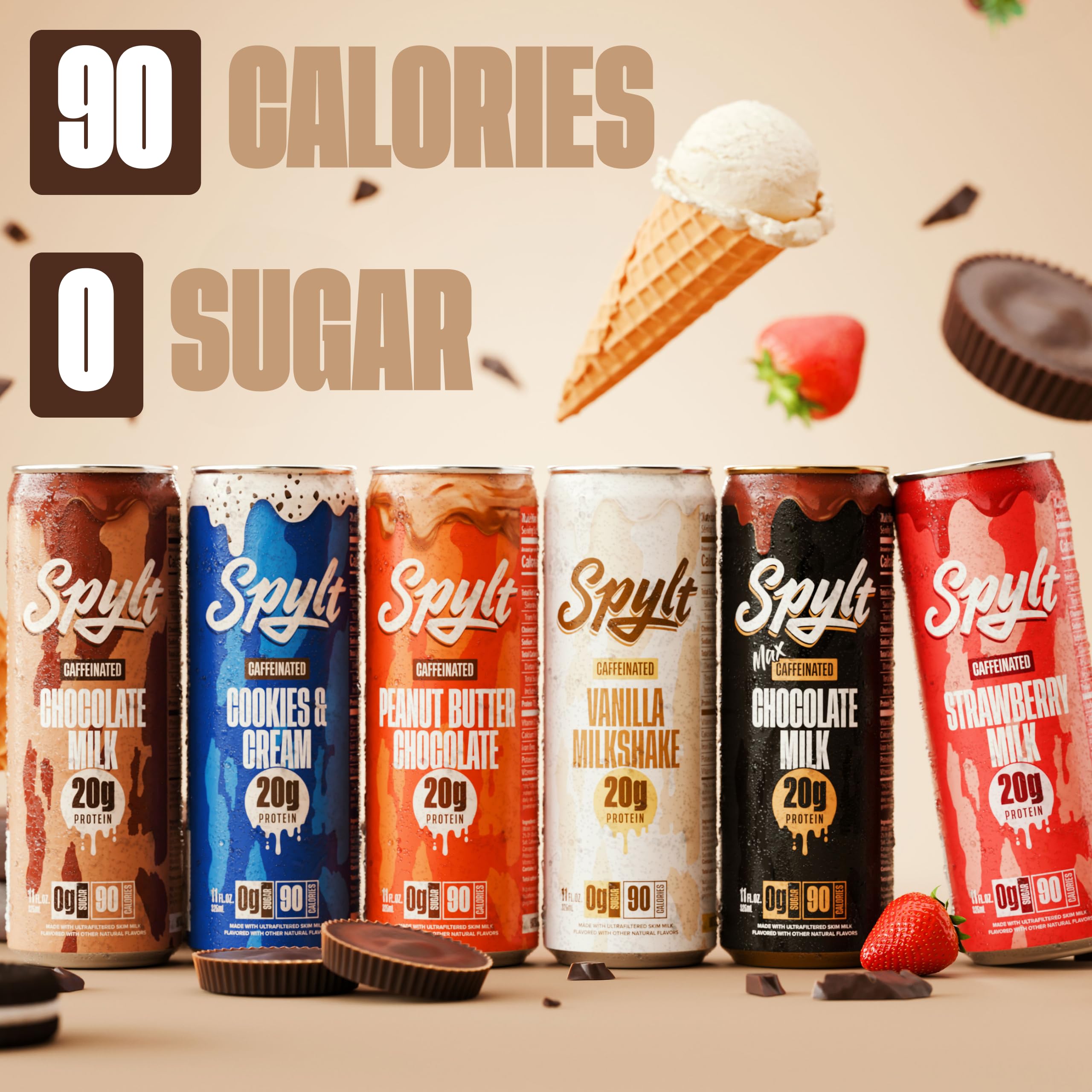Spylt six-flavor variety pack on a shelf, shelf-stable lactose-free.