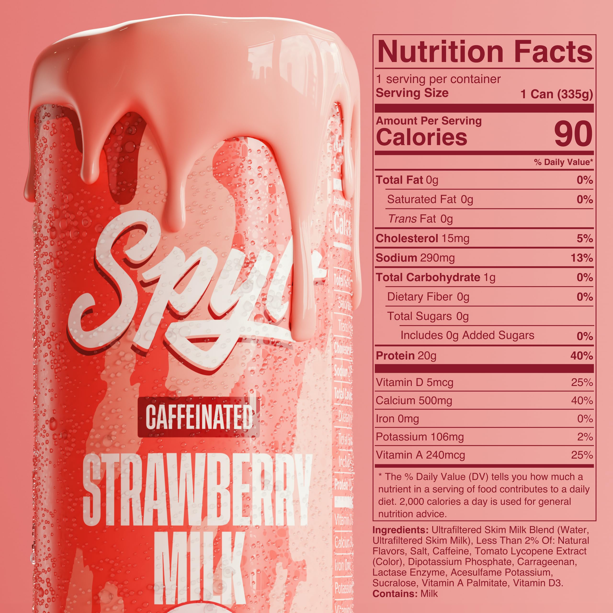 Spylt Strawberry Milk glass pour showcasing ready-to-drink convenience.