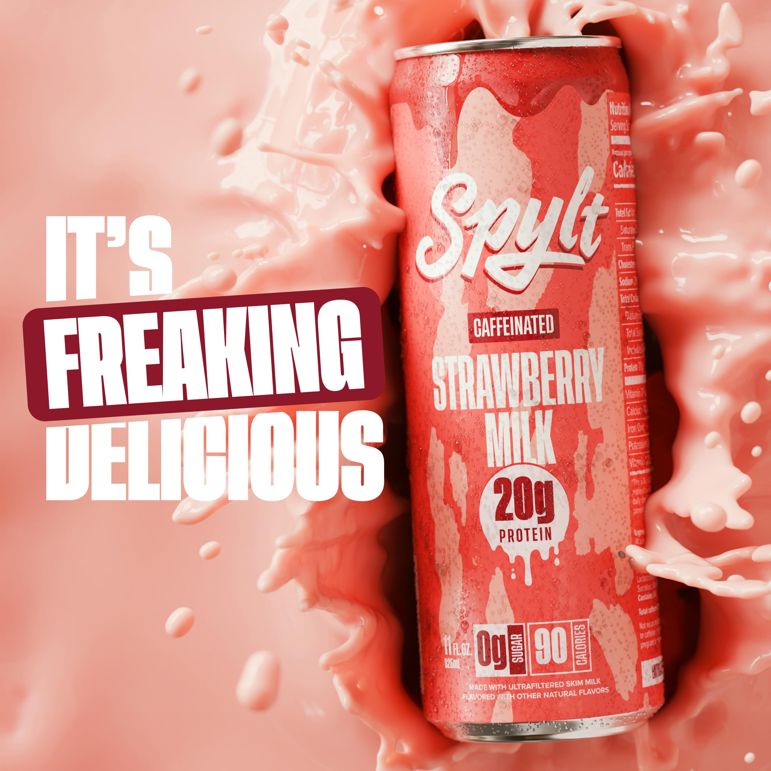 Spylt Strawberry Milk label close-up emphasizes zero sugar and lactose-free.