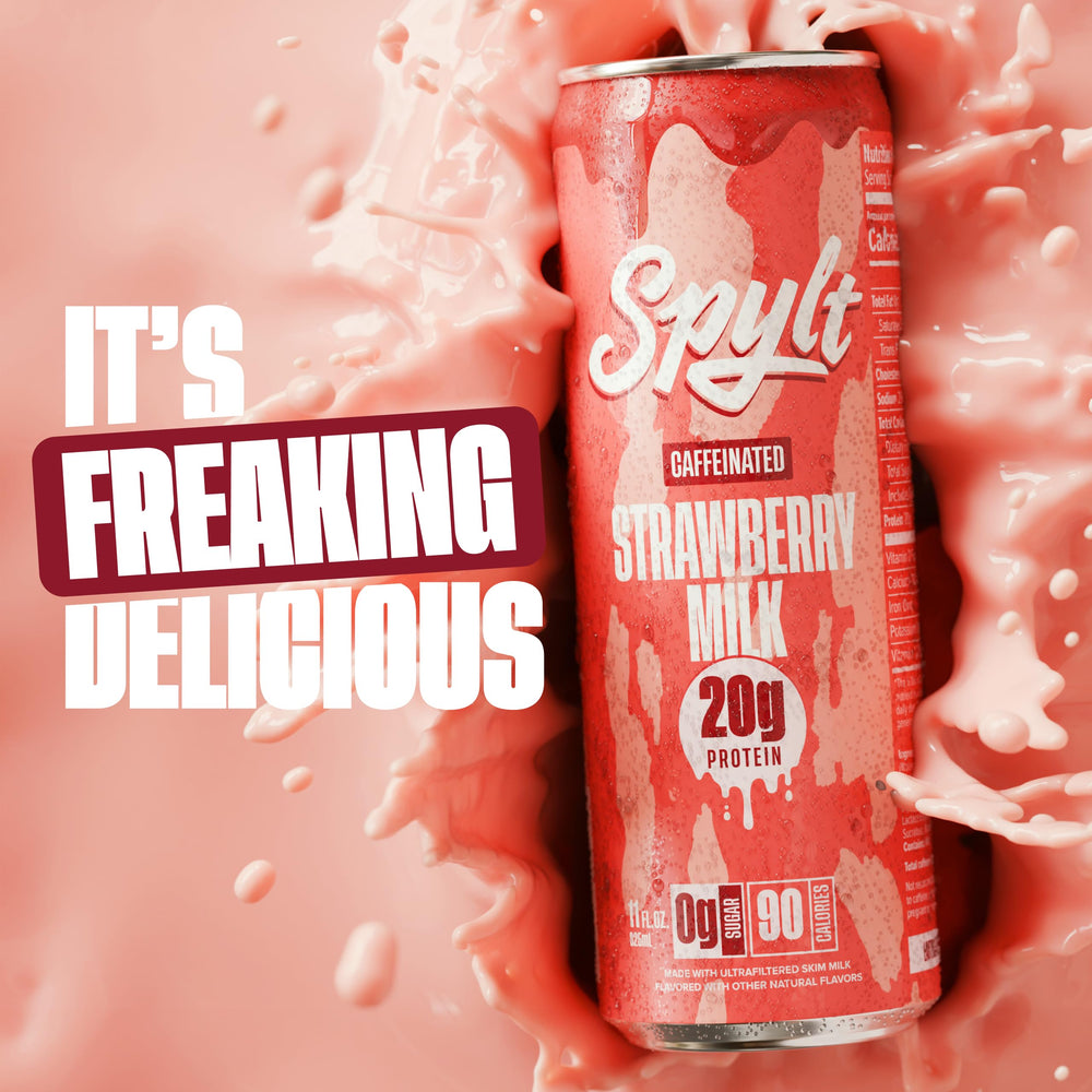 Spylt Strawberry Milk label close-up emphasizes zero sugar and lactose-free.