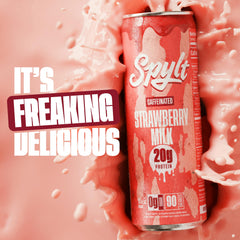 Spylt Strawberry Milk label close-up emphasizes zero sugar and lactose-free.