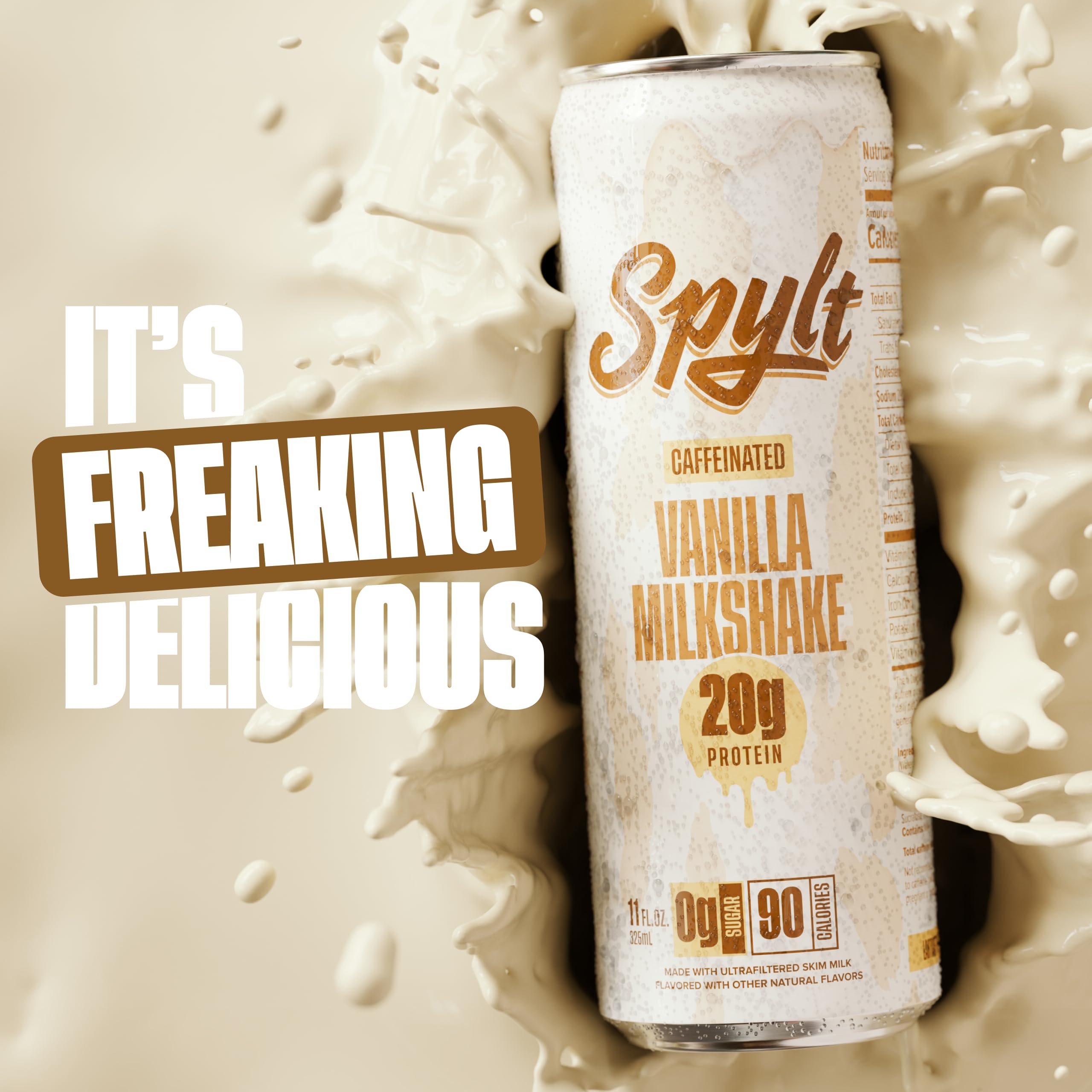 Spylt vanilla milkshake bottle emphasizes 20 g protein and 60 mg caffeine