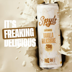 Spylt vanilla milkshake bottle emphasizes 20 g protein and 60 mg caffeine