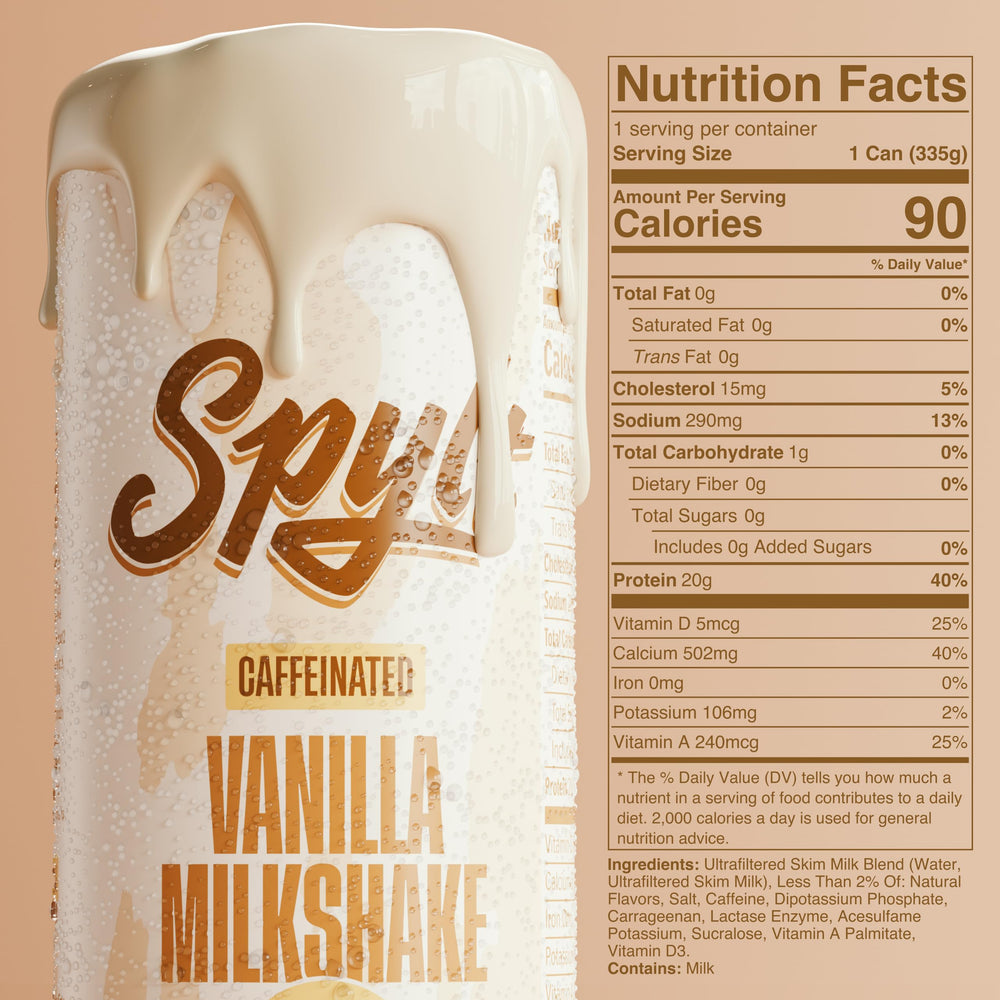 Spylt vanilla milkshake label close-up highlights zero sugar and lactose-free formula