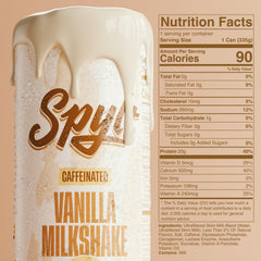 Spylt vanilla milkshake label close-up highlights zero sugar and lactose-free formula