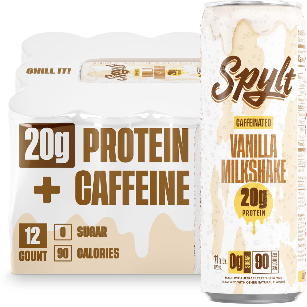 Spylt vanilla milkshake ready-to-drink showing convenient caffeine and protein for workouts