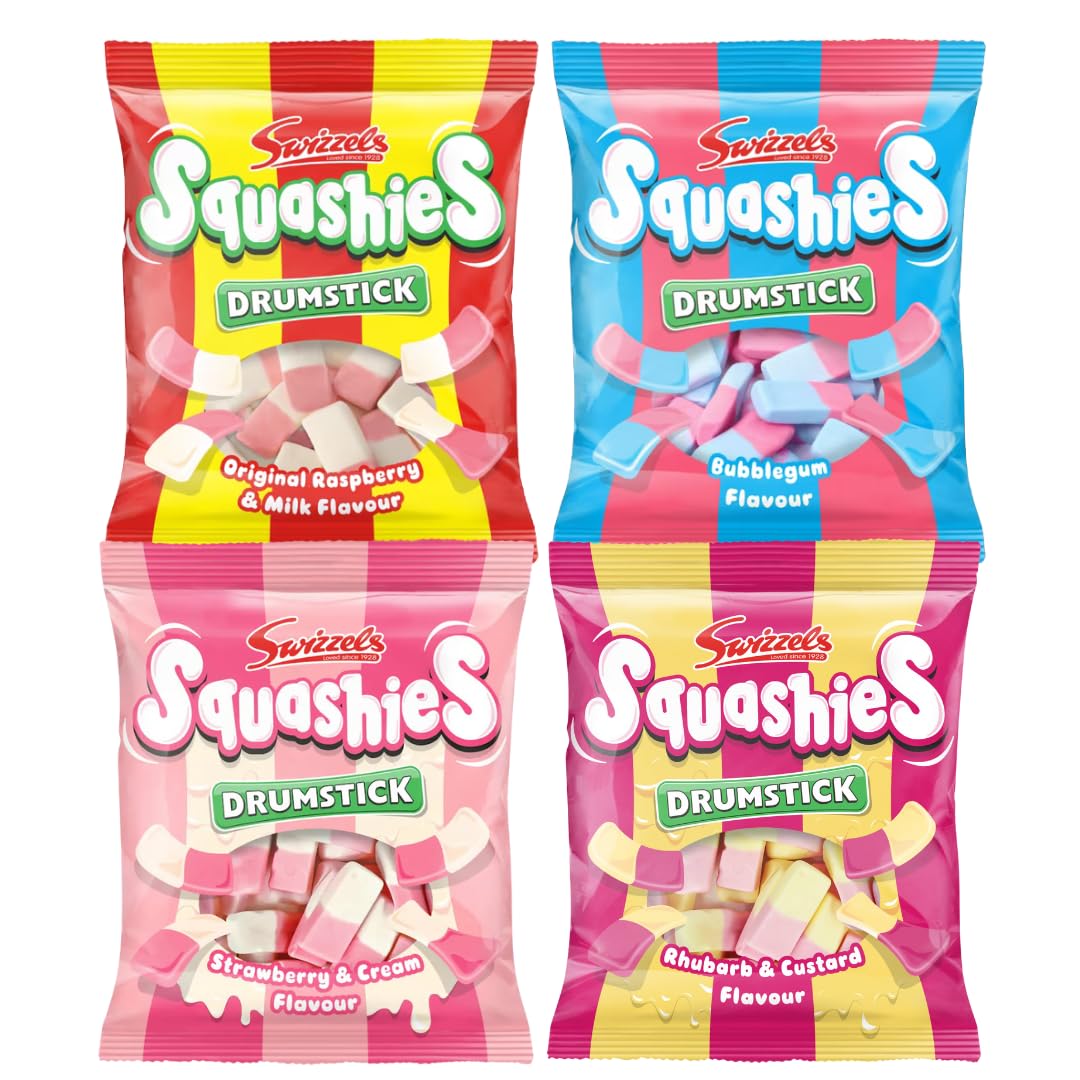 SQUASHIES Classics Bundle four flavours pack showcases creamy raspberry, bubblegum, and tangy rhubarb custard, ideal for sharing.