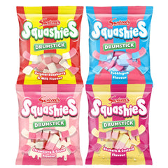 SQUASHIES Classics Bundle four flavours pack showcases creamy raspberry, bubblegum, and tangy rhubarb custard, ideal for sharing.