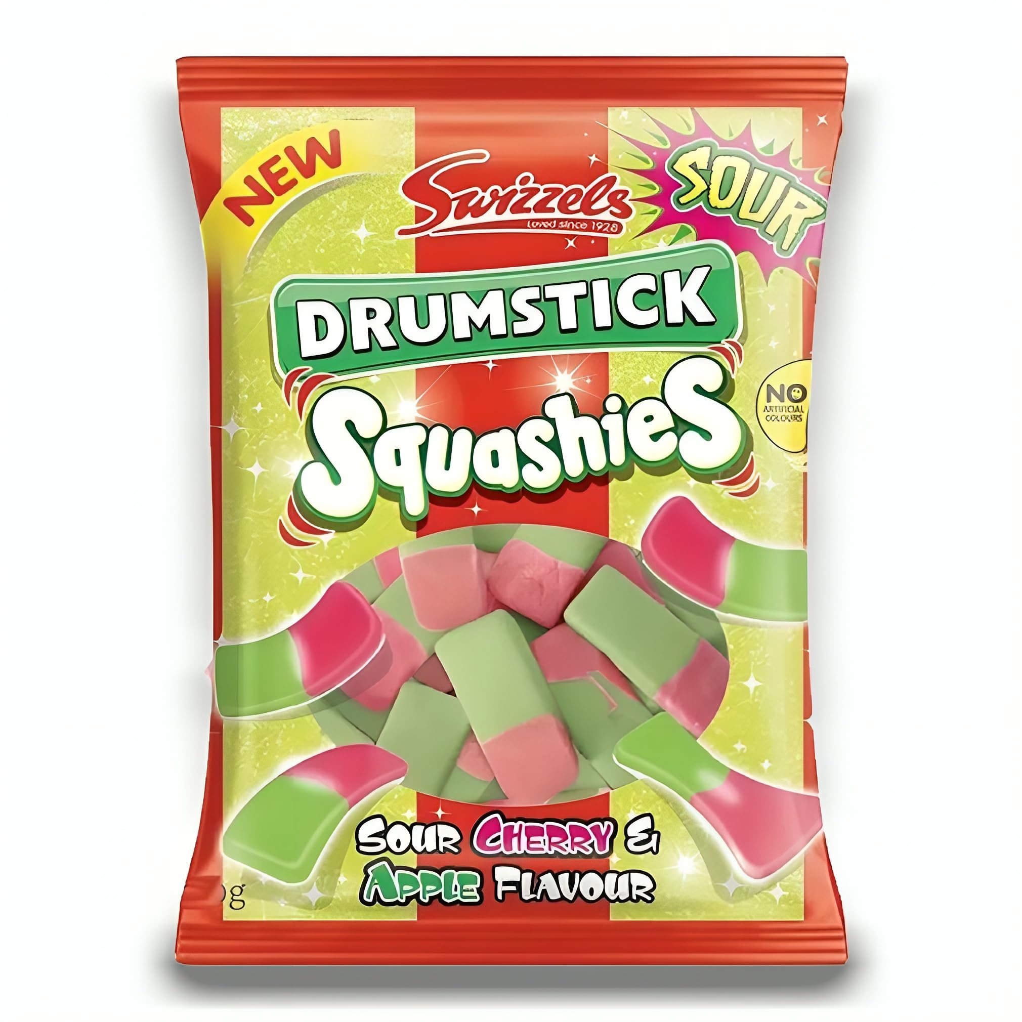 Squashies Drumstick Cherry & Apple closeup of jellies highlighting chewy texture and fruity flavor.