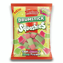 Squashies drumstick cherry-apple jelly sweets close-up reveals tangy flavors and chewy texture.