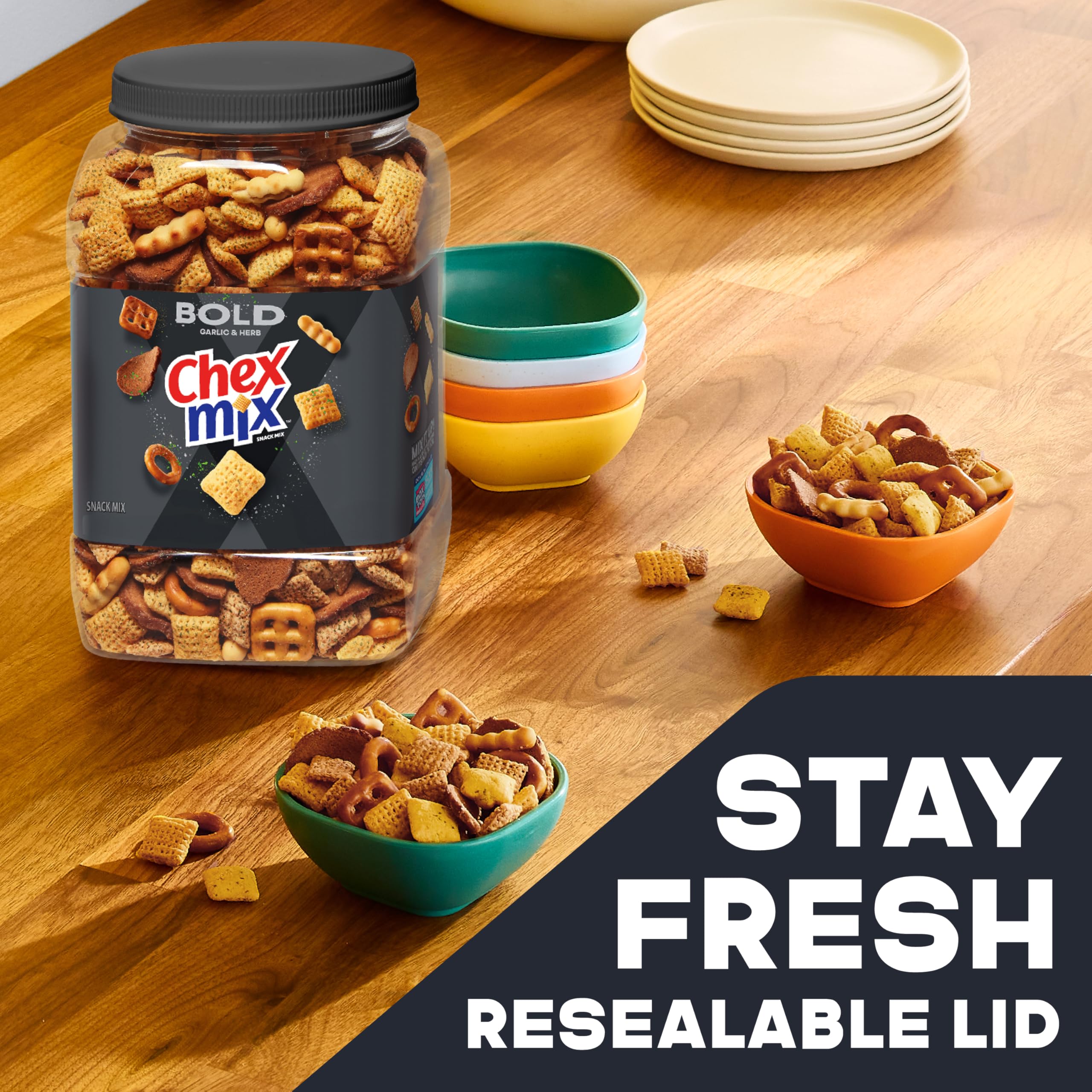 Squiggle breadsticks visible in Chex Mix for extra bite.