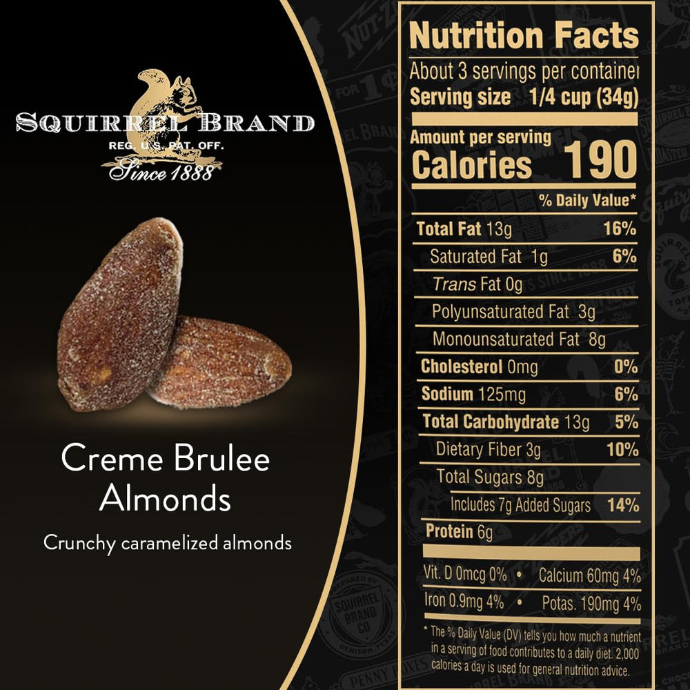 Squirrel Brand Creme Brulee Almonds close-up highlights glossy caramelized coating, ideal for celebrations.