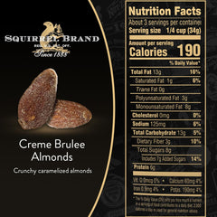 Squirrel Brand Creme Brulee Almonds close-up highlights glossy caramelized coating, ideal for celebrations.