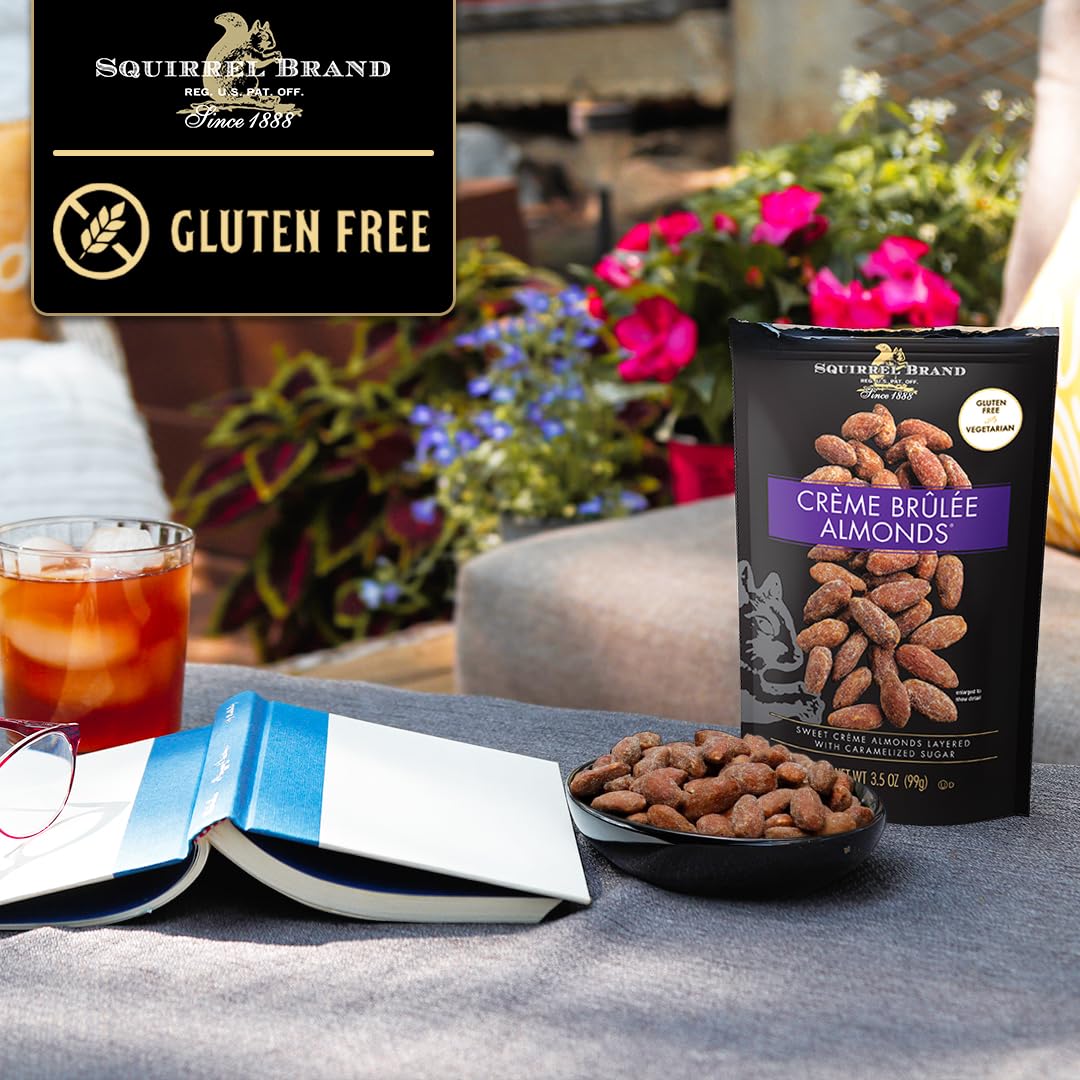 Squirrel Brand Creme Brulee Almonds on shelf suggests gift-ready packaging.
