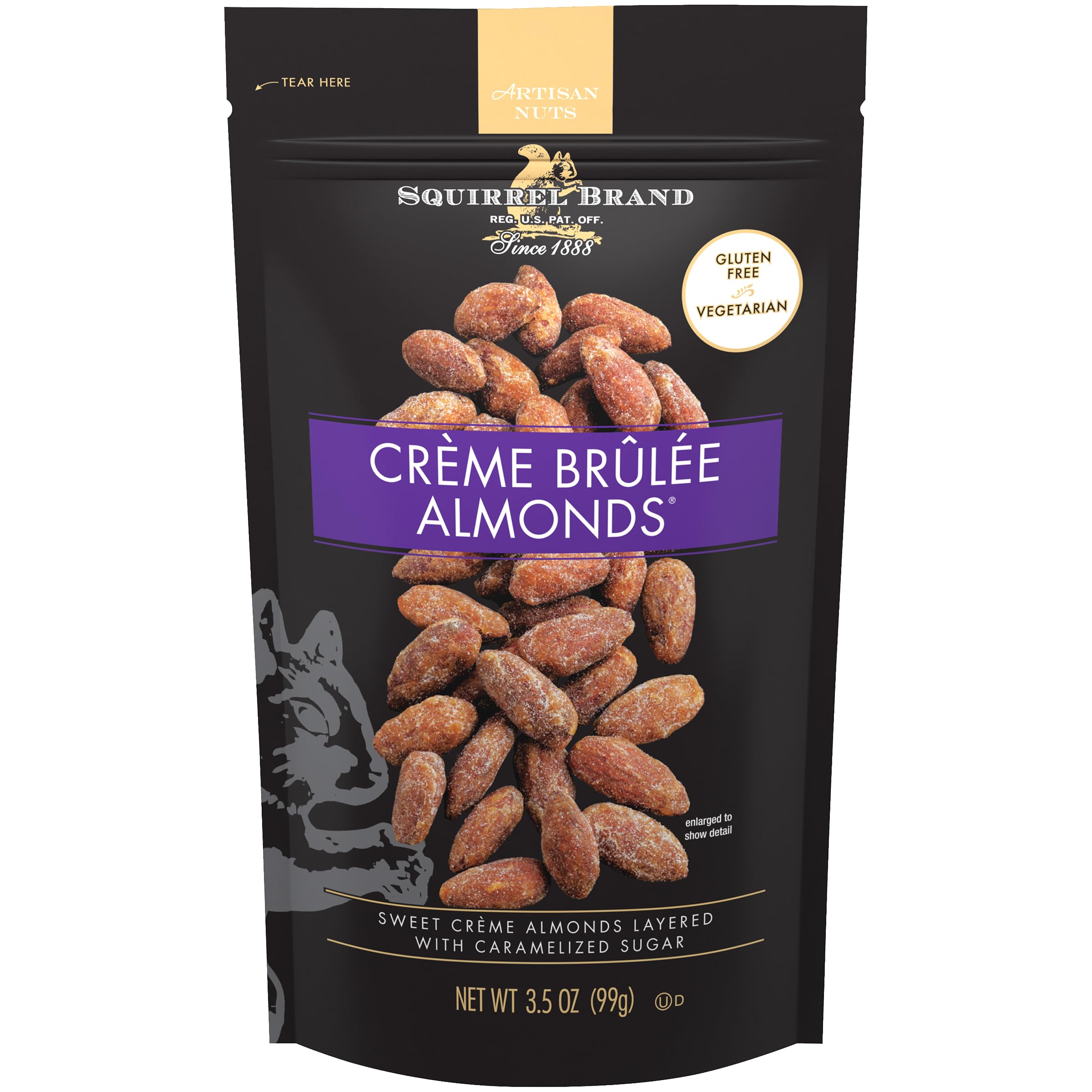 Squirrel Brand Creme Brulee Almonds packaging showcases premium quality and resealability for on-the-go snacking.