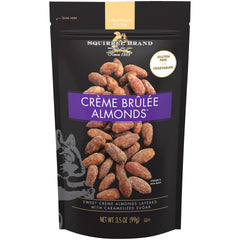 Squirrel Brand Creme Brulee Almonds packaging showcases premium quality and resealability for on-the-go snacking.