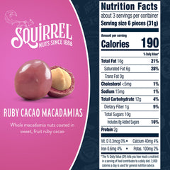 Squirrel Brand Ruby Cacao Macadamias close-up coating shows velvety ruby cacao