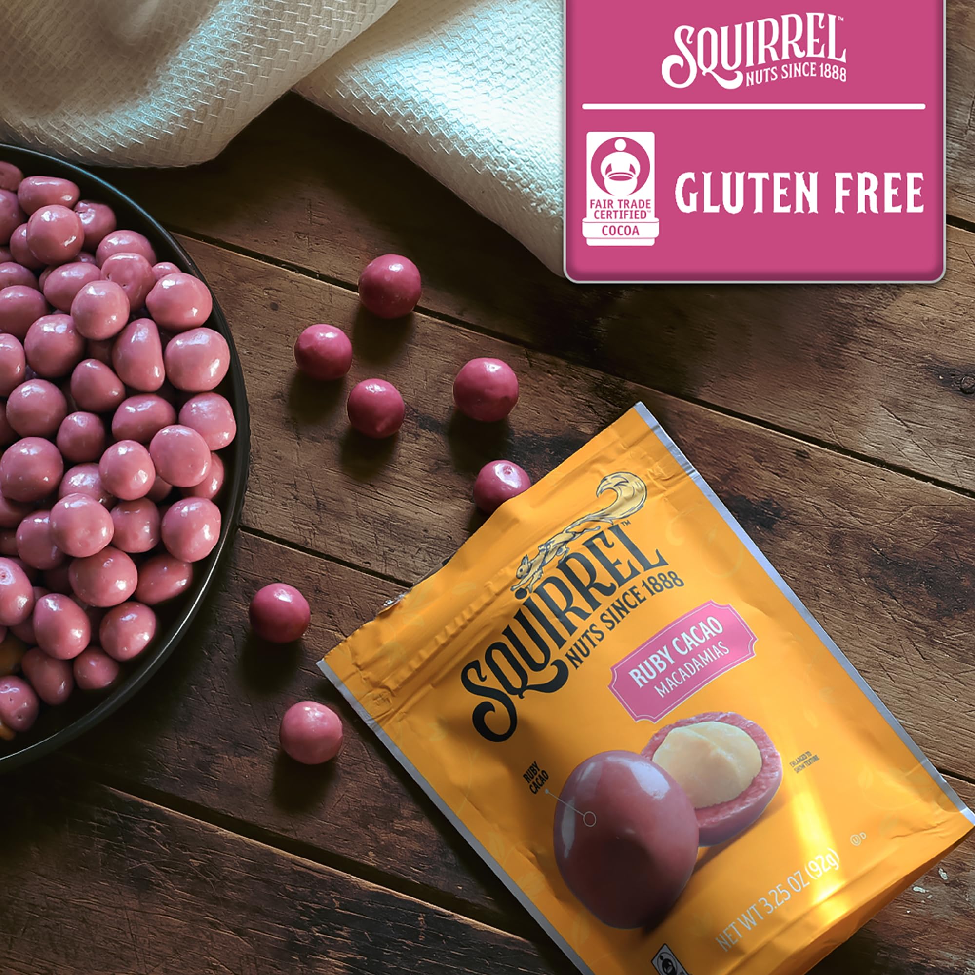 Squirrel Brand Ruby Cacao Macadamias ingredients label emphasizes gluten-free and kosher status