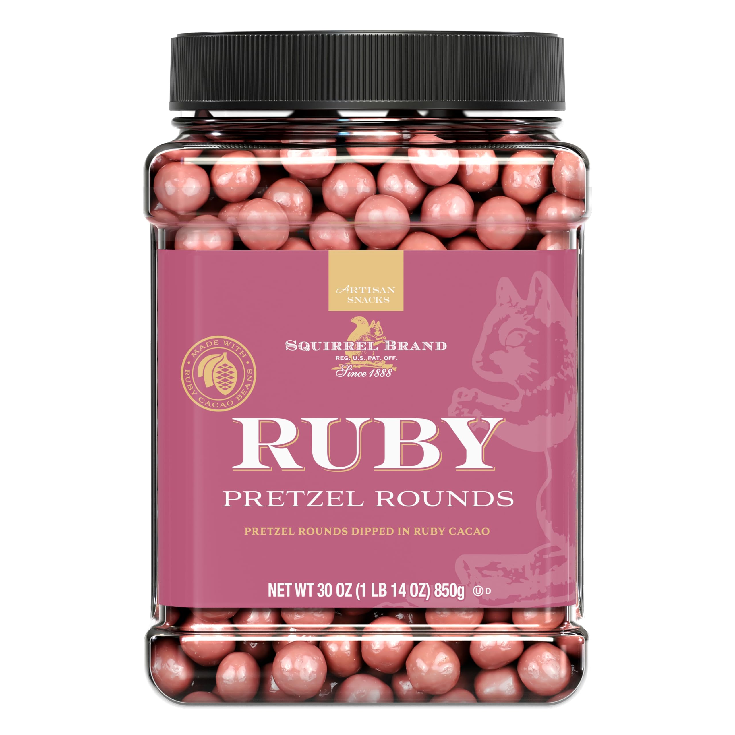 Squirrel Brand Ruby Cacao Pretzel Rounds in a resealable jar for fresh snacking.