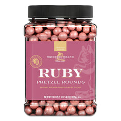 Squirrel Brand Ruby Cacao Pretzel Rounds in a resealable jar for fresh snacking.