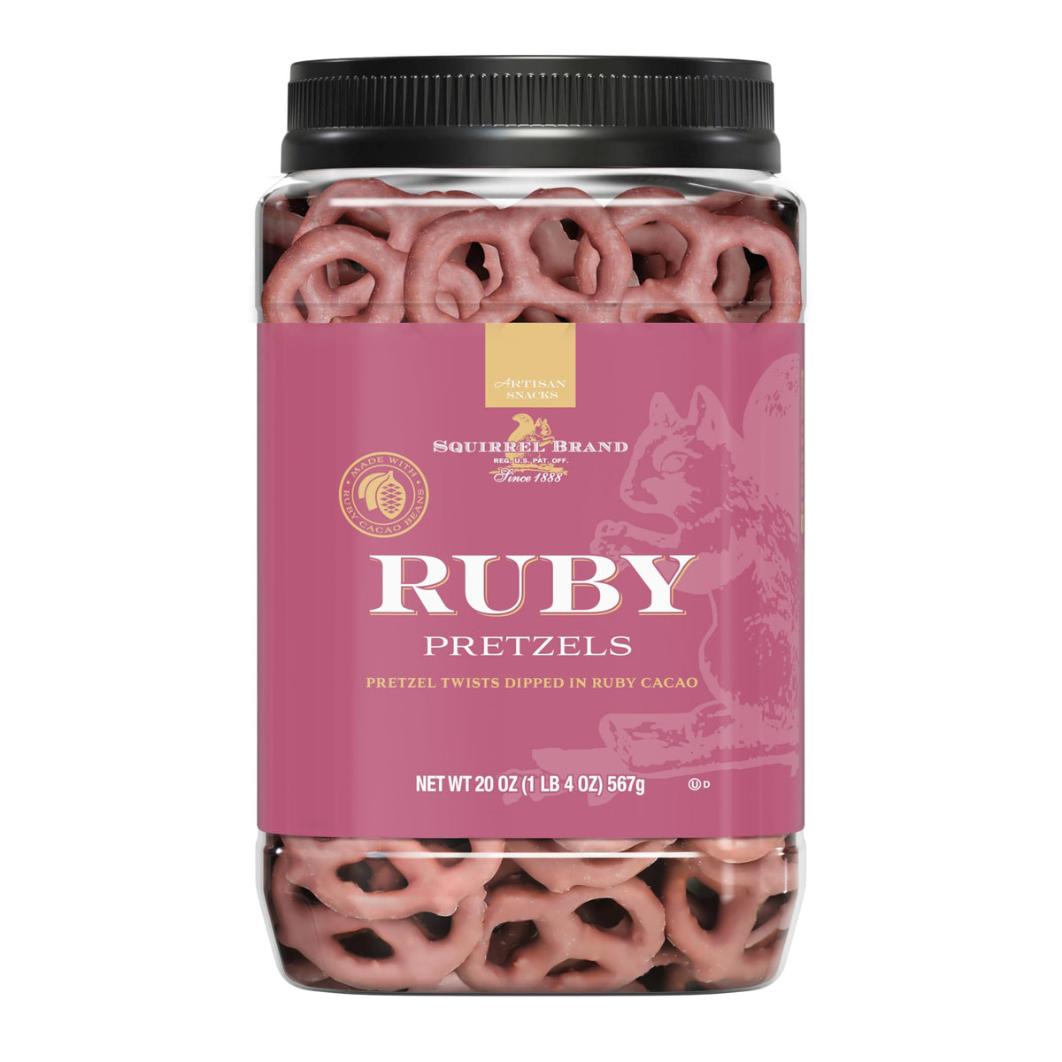 Squirrel Brand Ruby Cacao Pretzel Twists in a resealable jar with premium ruby cacao coating.