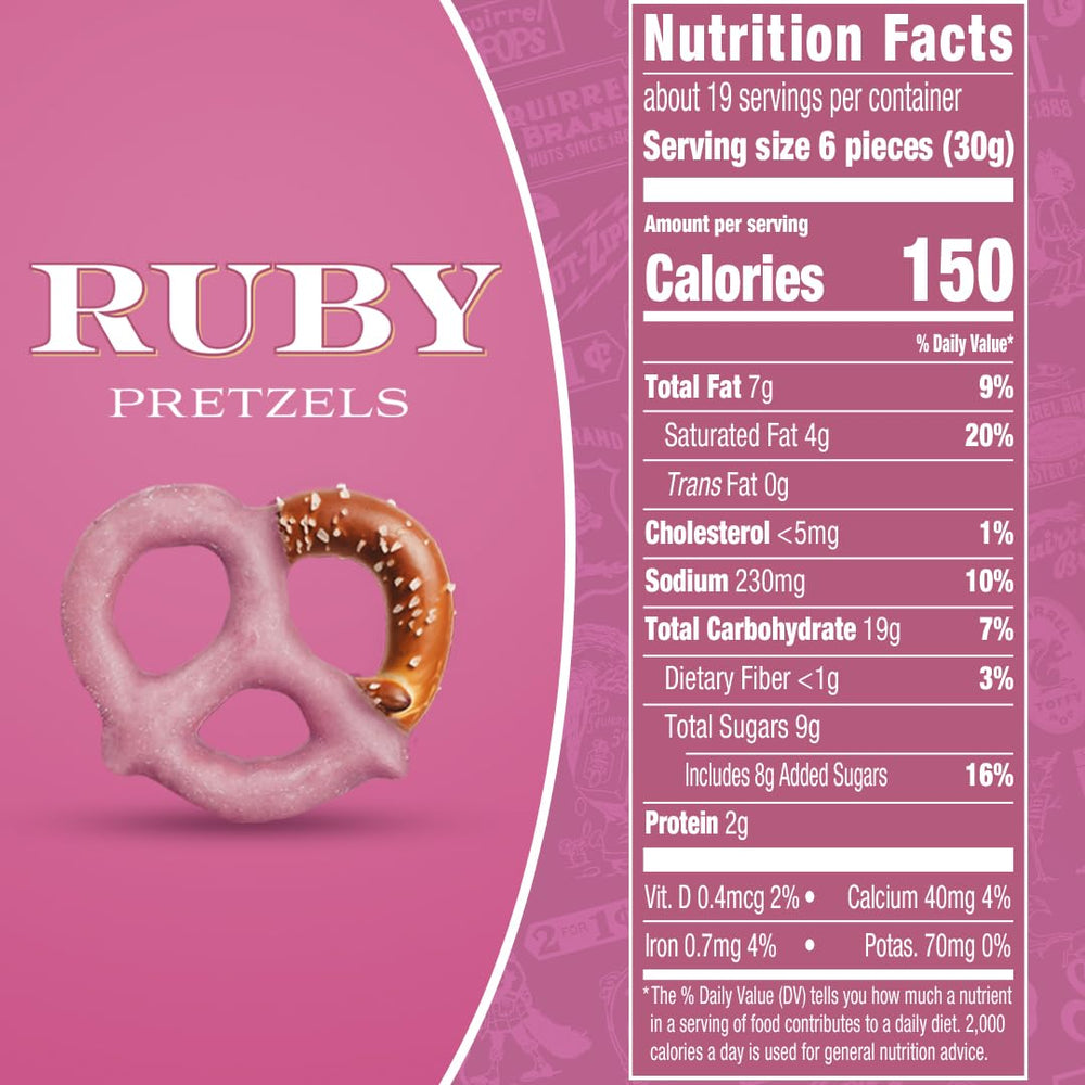 Squirrel Brand Ruby Cacao Pretzel Twists jar label close-up highlighting premium ruby coating.