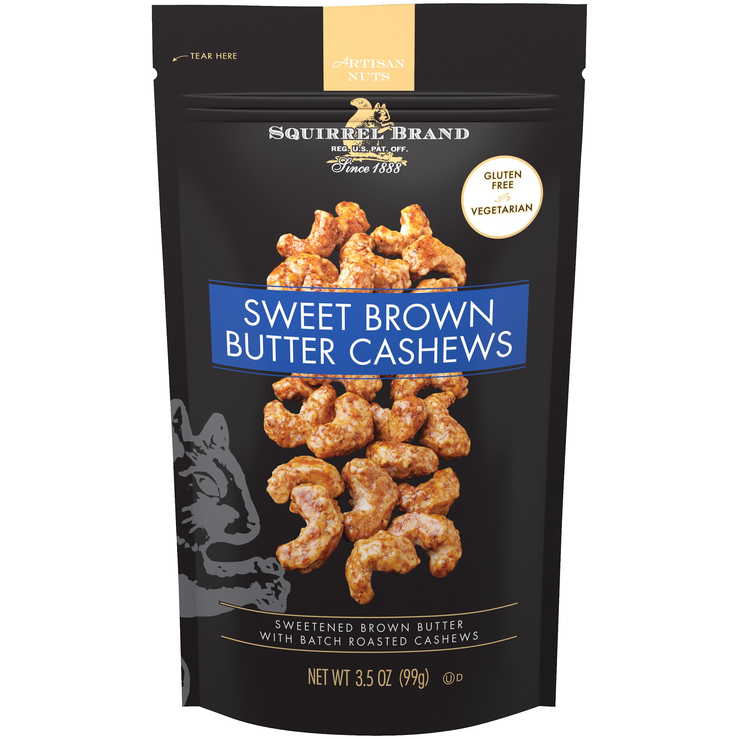 Squirrel Brand Sweet Brown Butter Cashews bag front shows resealable pouch for freshness.