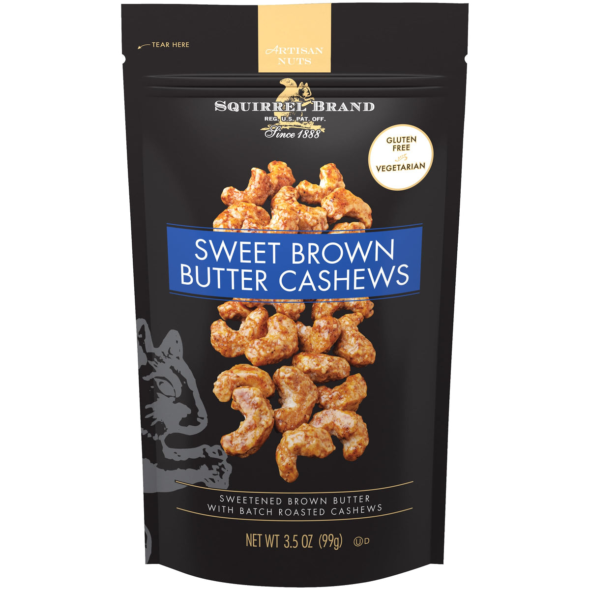 Squirrel Brand Sweet Brown Butter Cashews bag front shows resealable pouch for freshness.