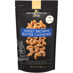 Squirrel Brand Sweet Brown Butter Cashews bag front shows resealable pouch for freshness.