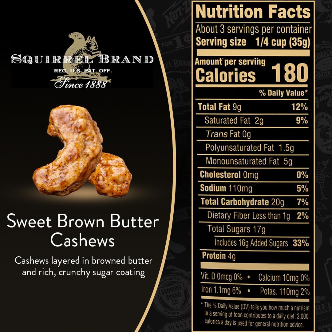 Squirrel Brand cashews bag open reveals glossy coating and inviting crunch.