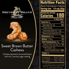 Squirrel Brand cashews bag open reveals glossy coating and inviting crunch.