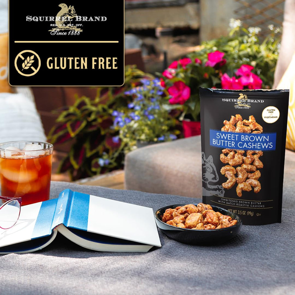 Closeup of browned butter coating on Squirrel Brand cashews highlights toasted flavor.