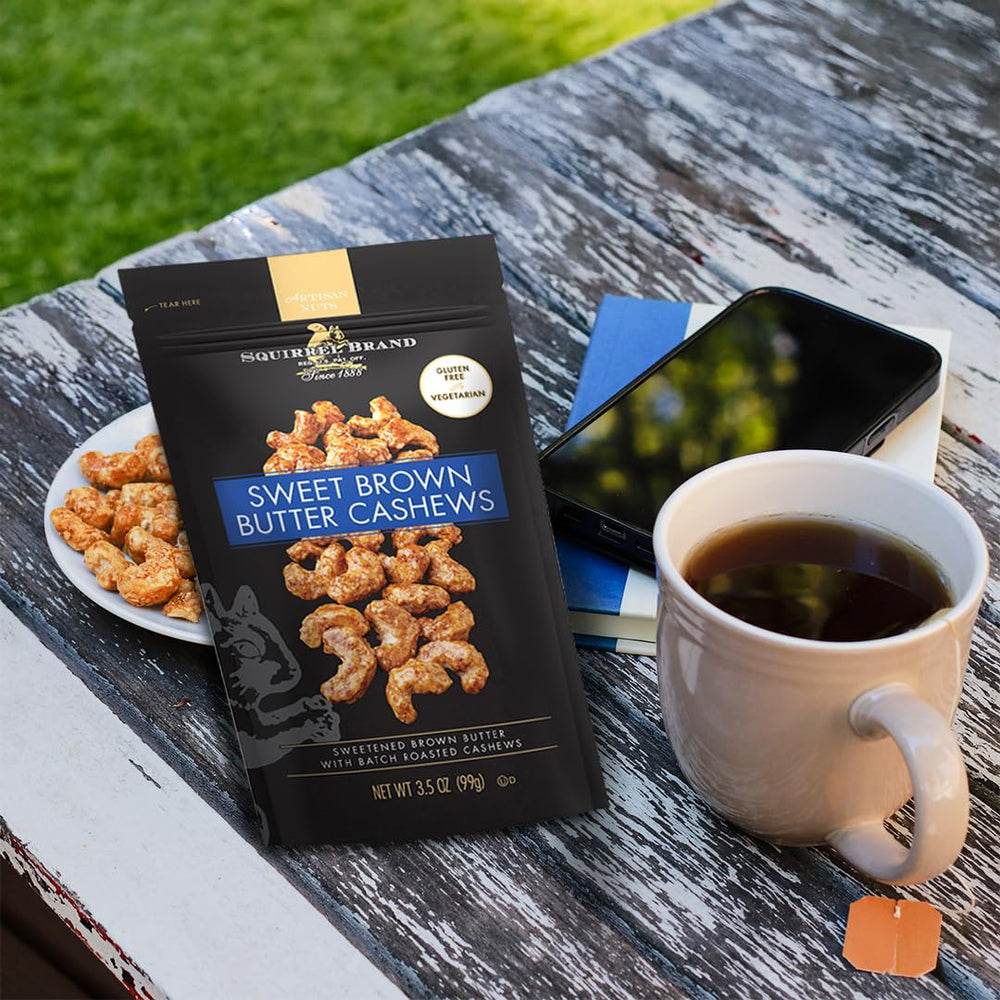 Textured coating and glossy nuts convey premium indulgent snacking from Squirrel Brand.