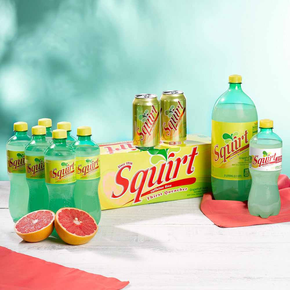 Squirt can stacked display highlights convenient citrus choice.