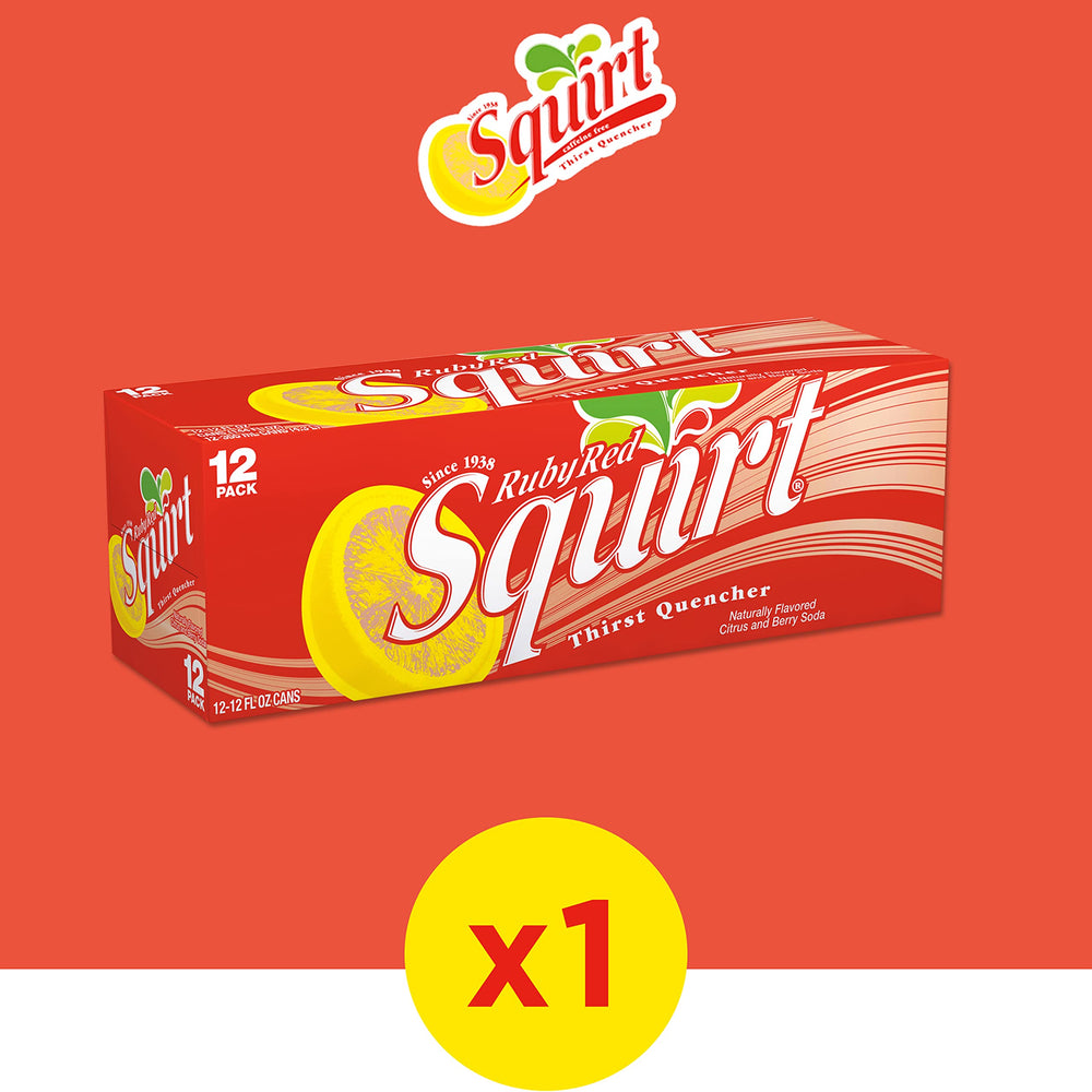 Squirt Ruby Red 12-pack cans stacked in a refrigerator