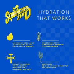 Sqwincher 20Oz yield bottle and powder display showing zero calories and electrolyte mix.