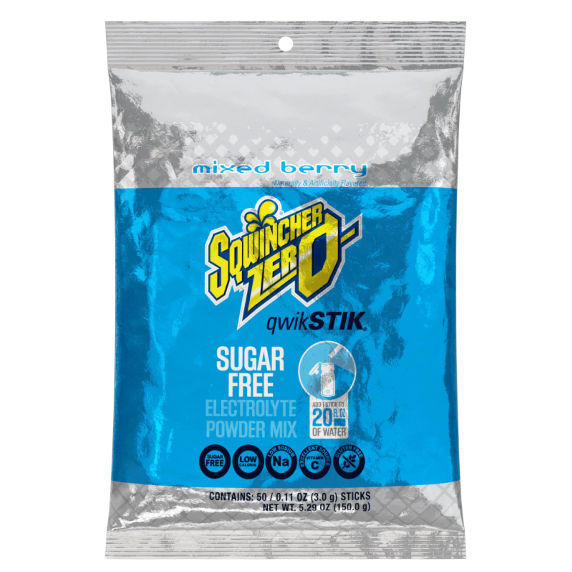 Sqwincher Drink Activity 20Oz Mixed Berry Zero powder in package, ideal for on-the-go hydration.