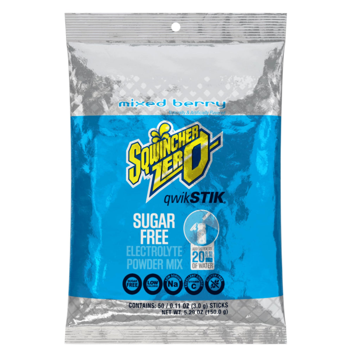 Sqwincher Drink Activity 20Oz Mixed Berry Zero powder in package, ideal for on-the-go hydration.
