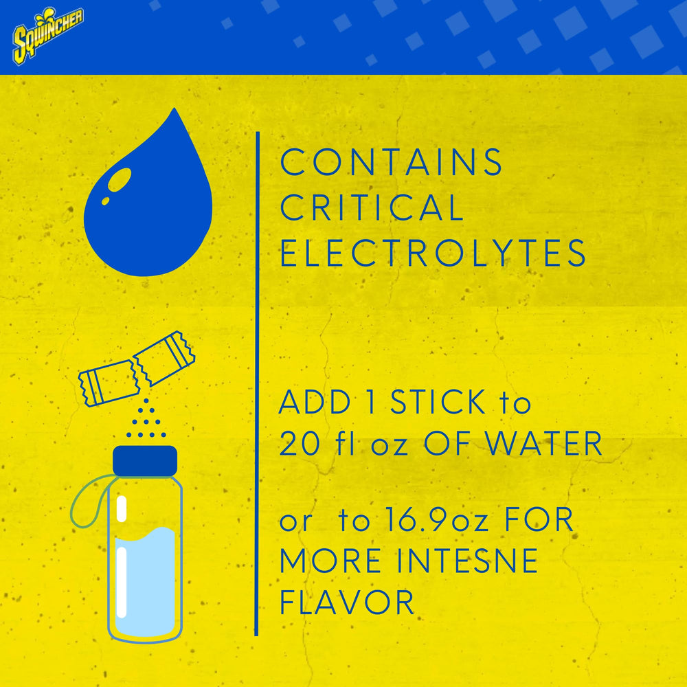 Sqwincher electrolyte mix stirred in a glass of water demonstrates easy preparation.
