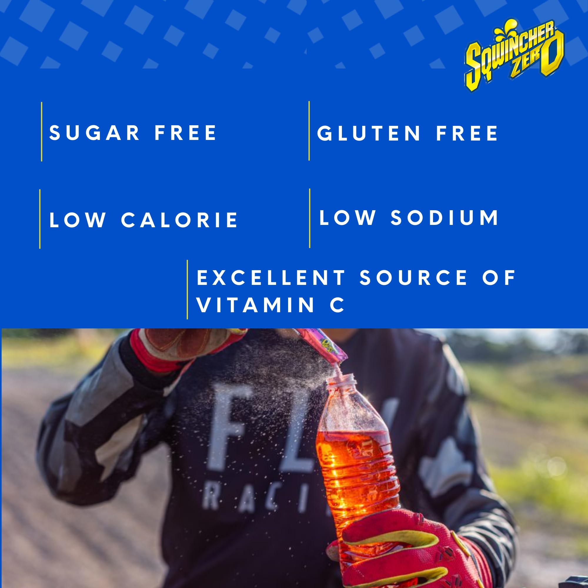 Sqwincher Mixed Berry Zero powder beside label, ready to mix with bottled water.