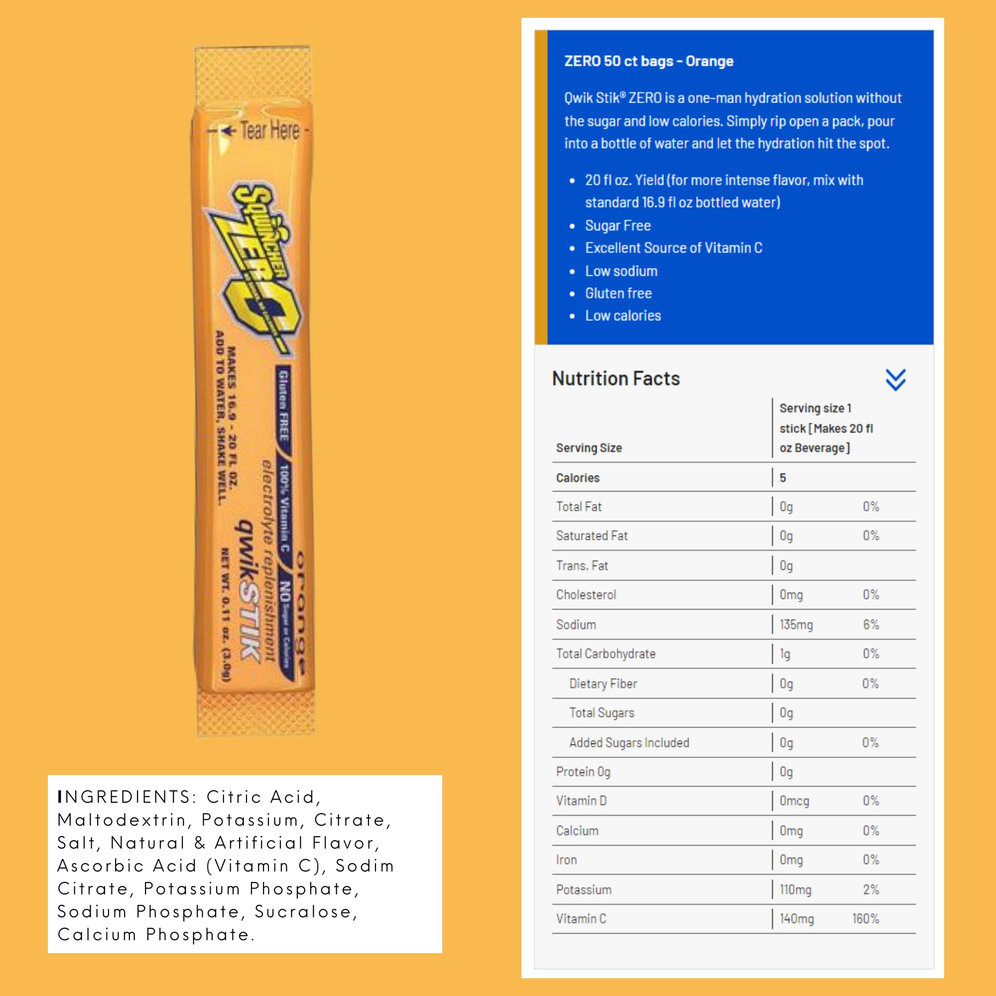 Sqwincher Stik Zero Orange packet for sugar-free electrolyte replenishment.